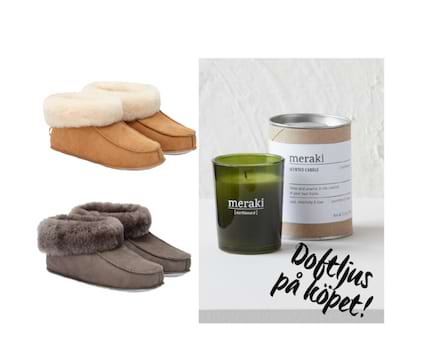 Fårskinnstofflor och doftljus från Meraki